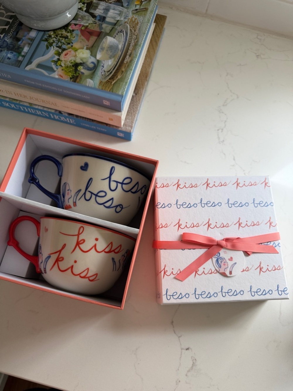 Set of 2 'kiss/beso' Script Ceramic Mugs - Red & Blue Handles Anthropologie